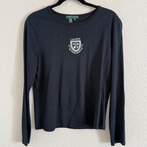 Lauren Ralph Lauren Womens Medium Black Crest Embroidered Shirt Preppy Old Money